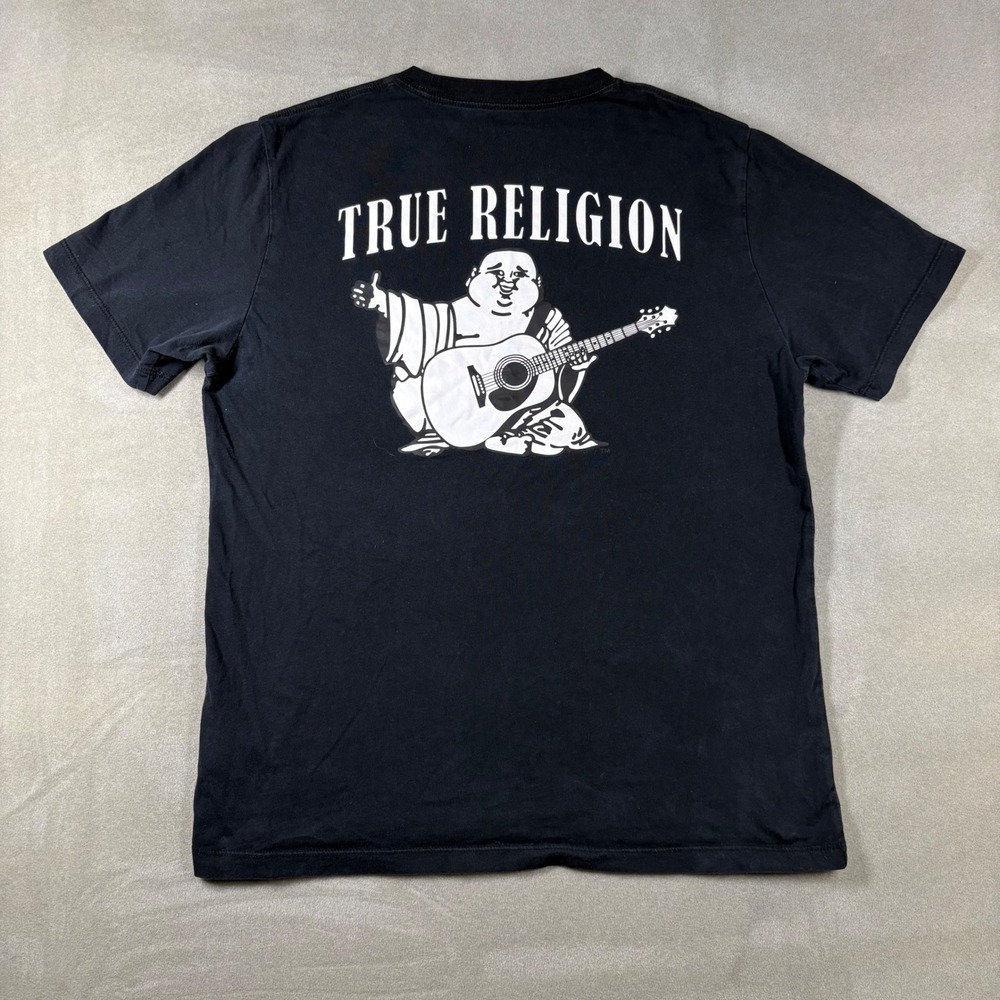True Religion Mens Black Buddha Guitar Graphic T-Shirt Large Short Sleeve Tee